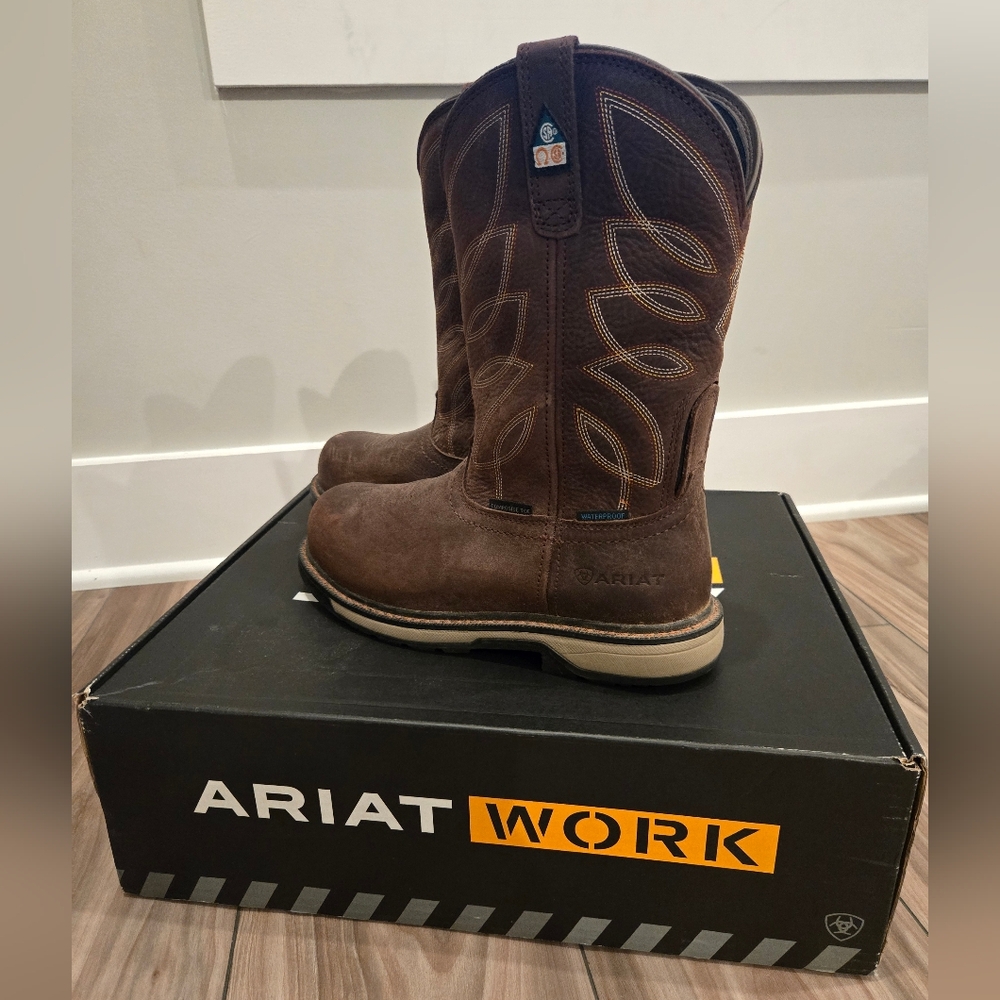 😁NWT Ariat Womens Riveter Pull-On CSA H20 Comp Toe Brown Leather Work Boots 8.5 - Picture 3 of 11